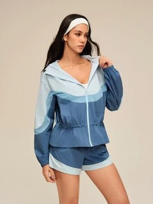 OutZeal Women Sports Jacket Gym Workout Water-Resistant Mesh Panel Ruffled Hem Hooded Jacket - Blue - View 6