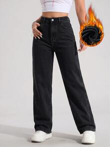 SHEIN ICON Women's Casual Versatile Denim Long Pants With Pockets And Buttons For Daily Wear - Black - View 7