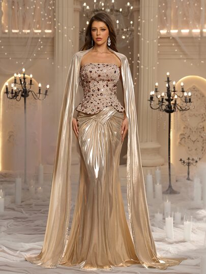 Glamrae Elegante Romántico de Moda Sexy Falda de Sirena con Lentejuelas Marrones Bordadas Tela de Gasa Patchwork Vestido de Fiesta Elegante Vestido de Invitada de Boda Vestido de Despedida de Soltera Vestido de Noche Formal