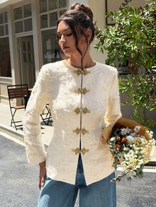 EastFlair Women's Chinese Style Frog Button Long Sleeve Elegant Jacket Dinner Everyday Gold And White Fall/Winter New Year Outfit - White - View 3