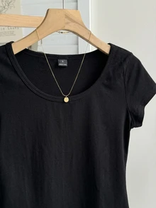 Tseoso Casual Minimalist Black Plus Size T-Shirt Cotton - Black - View 4