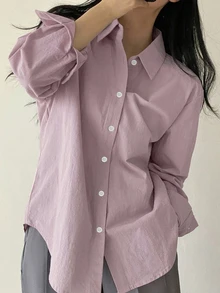DAZY 女款簡約日常單排扣長袖襯衫，適合辦公室穿著 - 紫色 - 查看 4