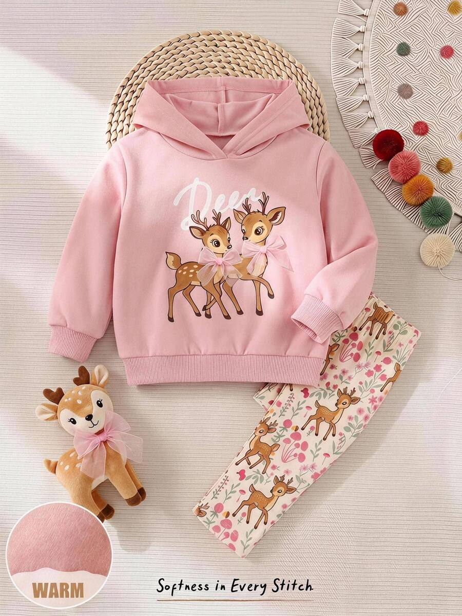 Cozy Pixies Baby Girl Cartoon Animal Pattern Knitted Soft Crew Neck Long Sleeve Pullover Sweatshirt & Elastic Waist Long Pants 2-Piece Set - Pink - View 1
