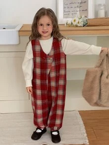 Dazy Kids Young Girls' Plaid Sleeveless Loose Red Autumn/Winter Brushed Fleece Jumpsuit - Brown - View 8