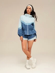 OutZeal Women Sports Jacket Gym Workout Water-Resistant Mesh Panel Ruffled Hem Hooded Jacket - Blue - View 5