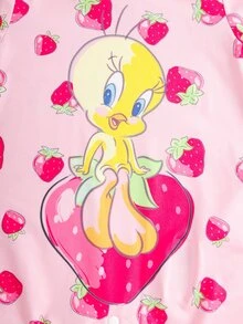 LOONEY TUNES X SHEIN Baby Girl Cartoon Print Casual Daily Long Sleeve Jumpsuit - Pink - View 4