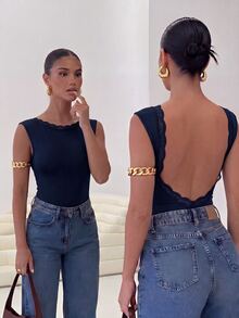 Firerie Women's Solid Color Backless Slim Fit Versatile Daily Wear Bodysuit - Navy Blue - View 7