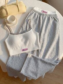 Comfortcana Plus Size Women's Letter Print Denim Camisole Top And Pants Casual 2-Piece Set - Light Grey - View 1