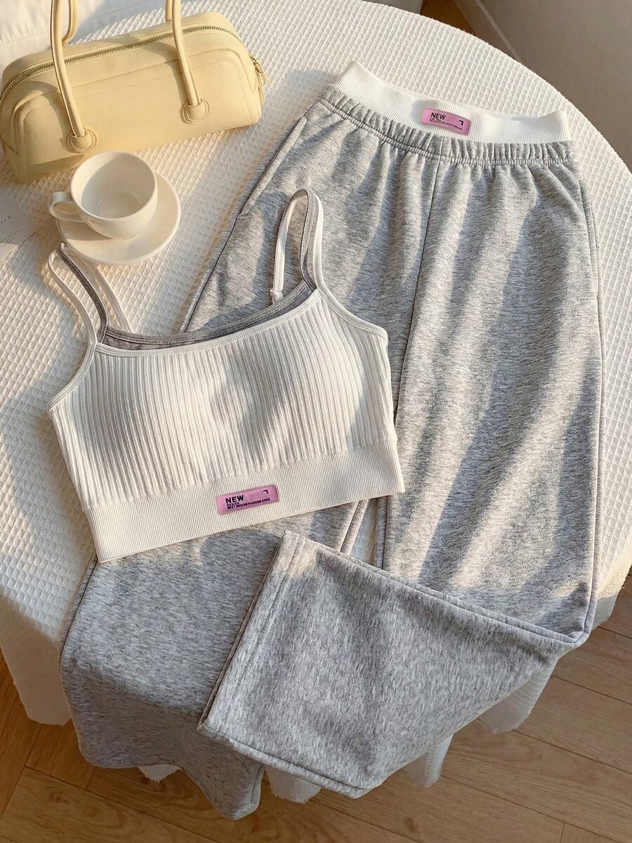 Comfortcana Plus Size Women's Letter Print Denim Camisole Top And Pants Casual 2-Piece Set - Light Grey - View 1