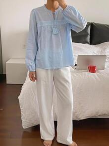 DAZY 2pcs Lace Patchwork Long Sleeve & Long Pants Women's Pajama Set Fall - Blue - View 7
