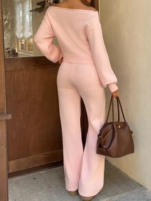 Autumina Setelan 2 Potong Sweater Off-Shoulder dan Celana Panjang Modis untuk Wanita - Berwarna merah muda - View 2