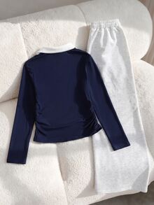 SHEIN 青少年女孩拼色領口T恤與長褲套裝 - 彩色 - 查看 2