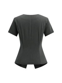 Lavishia V-Neck Waist-Cinching Short Sleeve Blazer And Wide Leg Mid-Length Pants Set, Commuter Outfit, Suitable For Daily Wear - Dark Grey - View 2