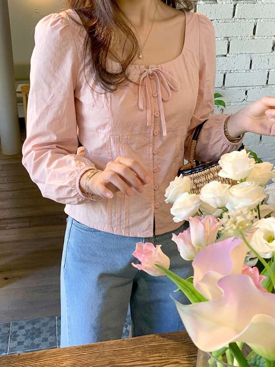Women's Large Scoop Neck Long Sleeve Casual Pink Blouse Vacation
