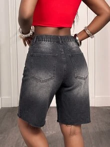 SHEIN Unity Women's Casual Y2k 90s Washed Rhinestone Denim Shorts Work Night Club Club Night Outfits For Women Dark Grey Summer - Black - View 3