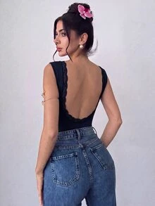 Firerie Women's Solid Color Backless Slim Fit Versatile Daily Wear Bodysuit - Navy Blue - View 6