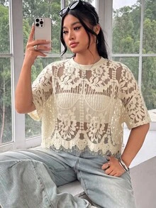 SHEIN EZwear 大尺碼女款蕾絲休閒百搭日常穿著上衣 - 杏色 - 查看 6