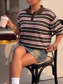 Muchica 大尺碼女款條紋拼接配色休閒百搭針織上衣 - 棕色 - 查看 4