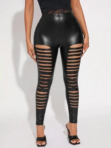Radiana Women's Solid Color Hollow Out Casual Versatile Daily Wear Tight Leggings - Black - View 6