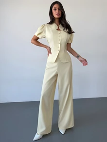 Firerie Women's Solid Color Short Petal Sleeve Single-Breasted Jacket And Wide Leg Pants Elegant Suit Set - Light Yellow - View 8