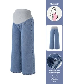 SHEIN Maternity Casual Washed Wide Leg Denim Jeans - Medium Wash - View 1