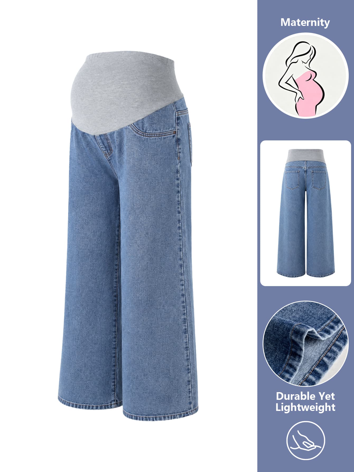 SHEIN Maternity Casual Washed Wide Leg Denim Jeans - Medium Wash - View 1