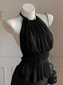 SHEIN EZwear 春夏女款黃色抓皺掛脖收腰露背綁帶背心上衣 - 黑色 - 查看 3