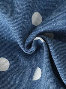 SHEIN Genkimix Kids 女童時尚百搭幼兒牛仔吊帶褲，春夏秋冬四季皆宜，復古中藍牛仔色，經典時尚波點印花設計，增添可愛氛圍，胸前大蝴蝶結設計，寬鬆直筒褲腿，柔軟舒適面料，適合日常穿著、上學、通勤 - 藍色 - 查看 9
