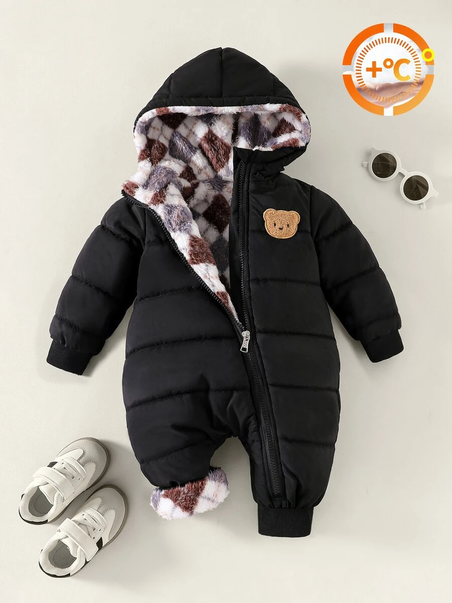 SHEIN Playful Pals 男嬰秋冬保暖菱格紋絎縫連帽拉鍊保暖內裡加厚連身衣,舒適戶外穿搭 - 黑色 - 查看 1