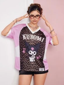 HELLO KITTY AND FRIENDS | SHEIN Women's V-Neck Letter Cartoon Graphic Casual Daily T-Shirt - Brown - View 8