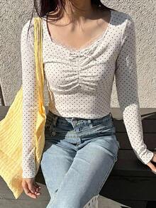 DAZY 青少年女孩波點印花對比蕾絲長袖T恤 - 白色 - 查看 7