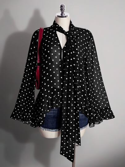 SHEIN ICON Chemise en mousseline grande taille vintage Y2K à pois, manches évasées, coupe ample, transparente, avec volants, col en V et ruban à nœud