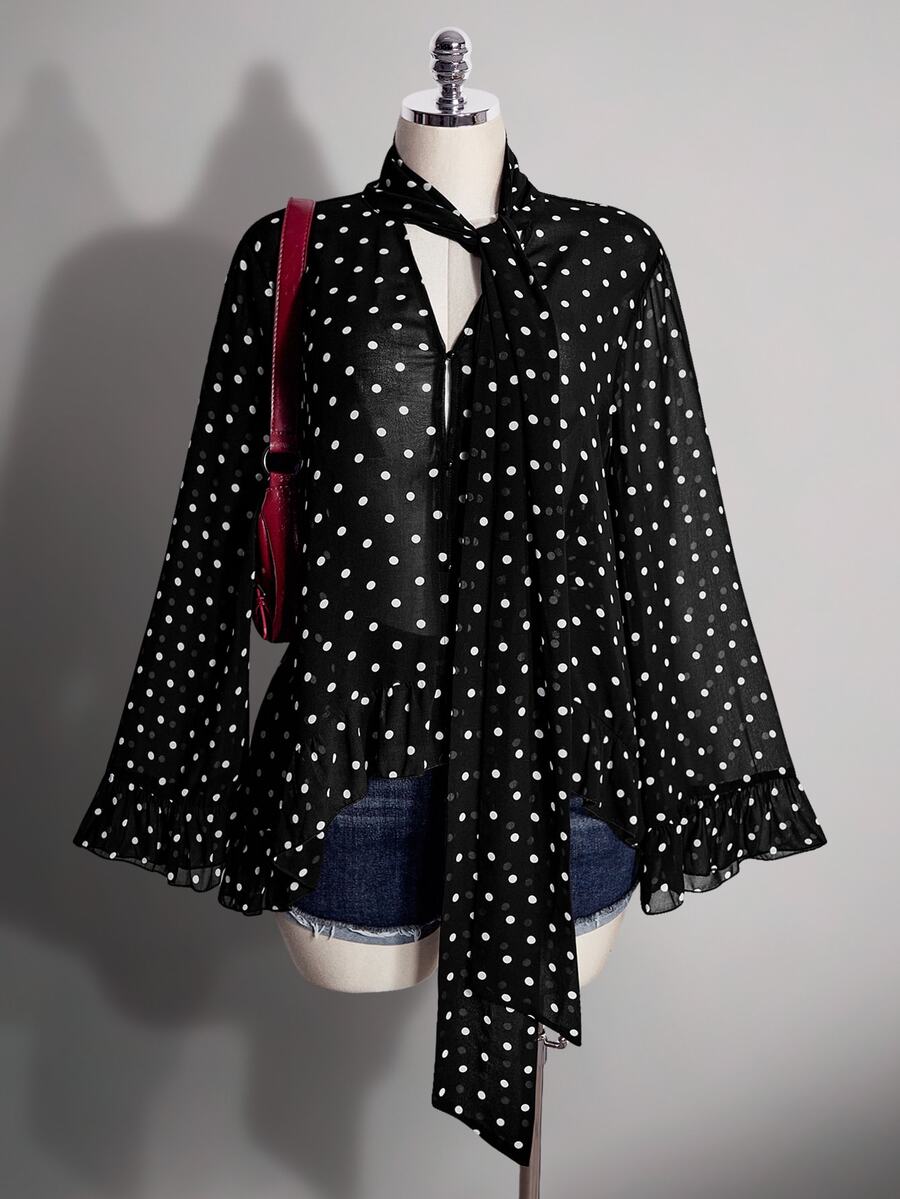 SHEIN ICON Áo sơ mi chiffon cổ chữ V thắt nơ ruy băng, tay chuông rộng, chấm bi phong cách vintage Y2K, xuyên thấu, viền bèo nhún, dáng rộng, size lớn - Đen và trắng - Xem 1