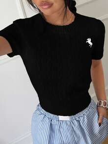 SHEIN Unity Casual Versatile Short Sleeve Knit Top - Black - View 5