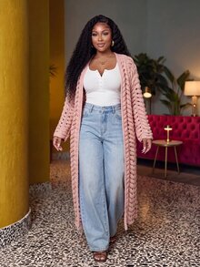 Slaydiva Cardigan Rajut Wanita Ukuran Besar, Mantel Panjang Rajut Kabel Berongga Warna Nude, Mantel Duster Depan Terbuka untuk Musim Gugur - Berwarna merah muda - View 2