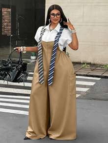 Maweii Plus Size Women's Striped Grommet Buckle 2 In 1 Wide Leg Jumpsuit - Khaki - View 5