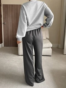 DAZY Women's Contrast Lace Long Sleeve Top And Long Pants Pajama Set - Grey - View 2