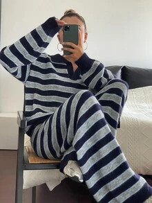 DAZY Women's Drop Shoulder Long Sleeve Sweater And Pants Striped Casual Two Pieces Set - Royal Blue - View 6