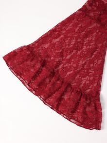 Rometta Plus Size Velvet Contrast Lace Cold Shoulder Top, Extra Long Bell Sleeves, Women's Blouse For Halloween, Red Party Evening Summer Goth Elegant - Burgundy - View 5