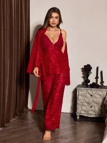 Slumberist Plus Size Lace Cami Top, Burgundy Sheer Mesh Robe, Wide Leg Pants Pajama 3 Pieces Set - Red - View 1