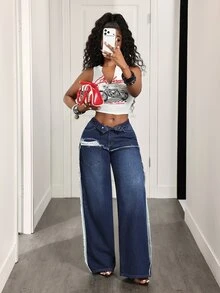 Slaydiva Women's Casual Daily Denim Straight Leg Pants With Pockets And Buttons - Dark Wash - View 7