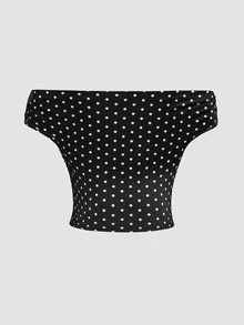 Sweetra Plus Size Early Autumn Ribbed Watermark Polka Dot Asymmetric Neckline Fitted Top And Bodycon Mini Skirt 2 Pieces Set - Black and White - View 5