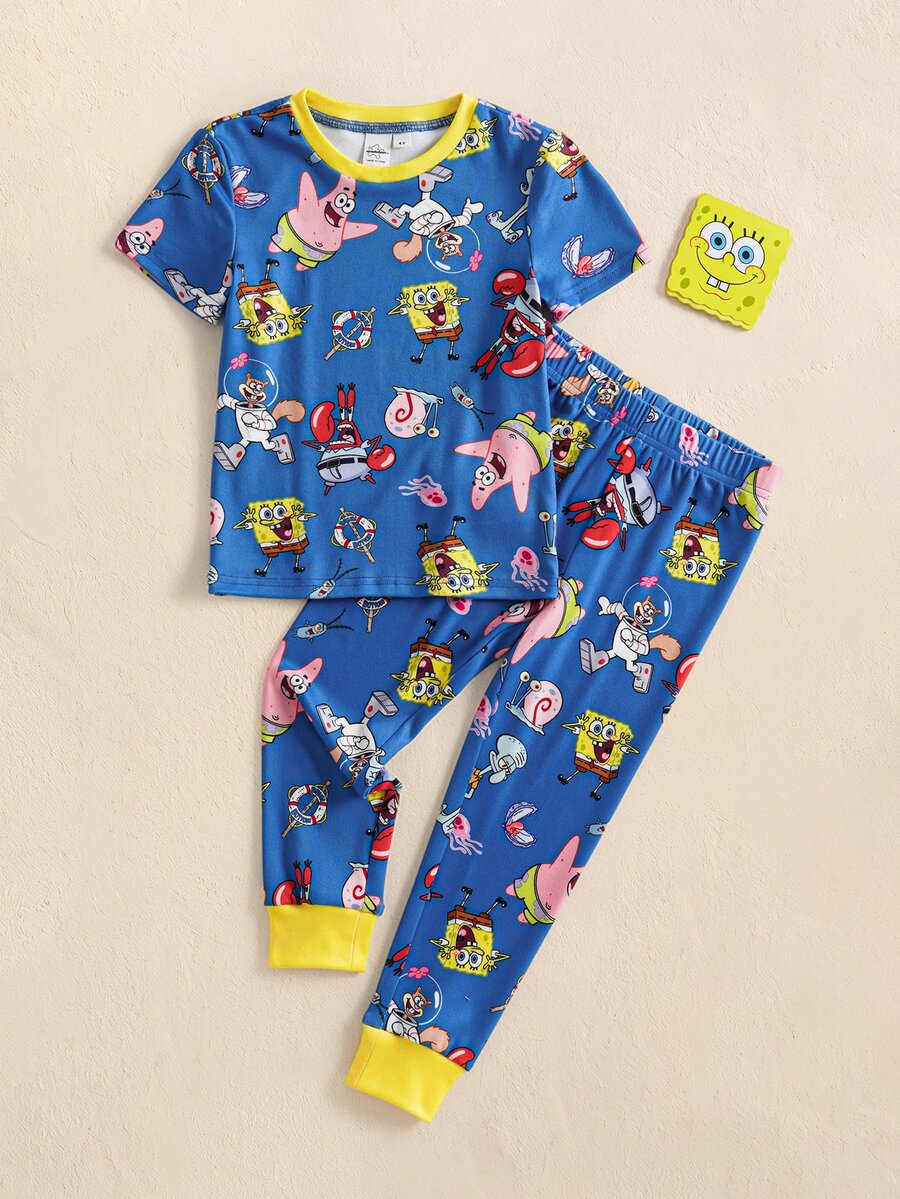 SpongeBob SquarePants | SHEIN 小男孩卡通印花短袖上衣與內搭褲家居服套裝 - 藍色 - 查看 1
