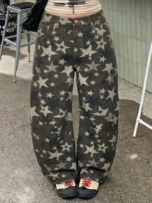 Dazy Plus 女款韓式條紋休閒寬鬆牛仔長褲，後背字母拼接設計，趣味通勤百搭大尺碼四季牛仔褲，秋季款 - 軍綠色 - 查看 7