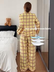 Napfluff Plaid Contrast Trim Lapel Open Front Long Sleeve Pants Pajama Set - Multicolor - View 2