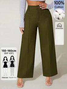 SHEIN PETITE 高腰寬腿夏季長褲 100%純棉 - 軍綠色 - 查看 1