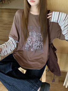DAZY Women's Cartoon Print Striped Patchwork Sleeve T-Shirt Oversized T Shirts For Women Fall - Coffee Brown - View 4