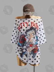 Betty Boop x SHEIN 女款波點印花不對稱單肩寬鬆上衣 - 黑與白 - 查看 3