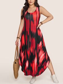 Comfylo Plus Size Casual Printed Colorblock Pocket Dress For Vacation - Multicolor - View 6