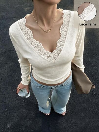 Cévolie Women's Lace V-Neck Casual Daily Wear Base Layer Top